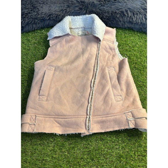 Faux Suede Vest with Sherpa Trim, Asymmetrical Zip, Pink Girls - Picture 1 of 13